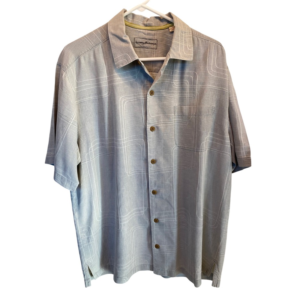 VTG Tommy Bahama Mens Large Silk Short Sleeve Button Down Shirt Gray‎ Geometric